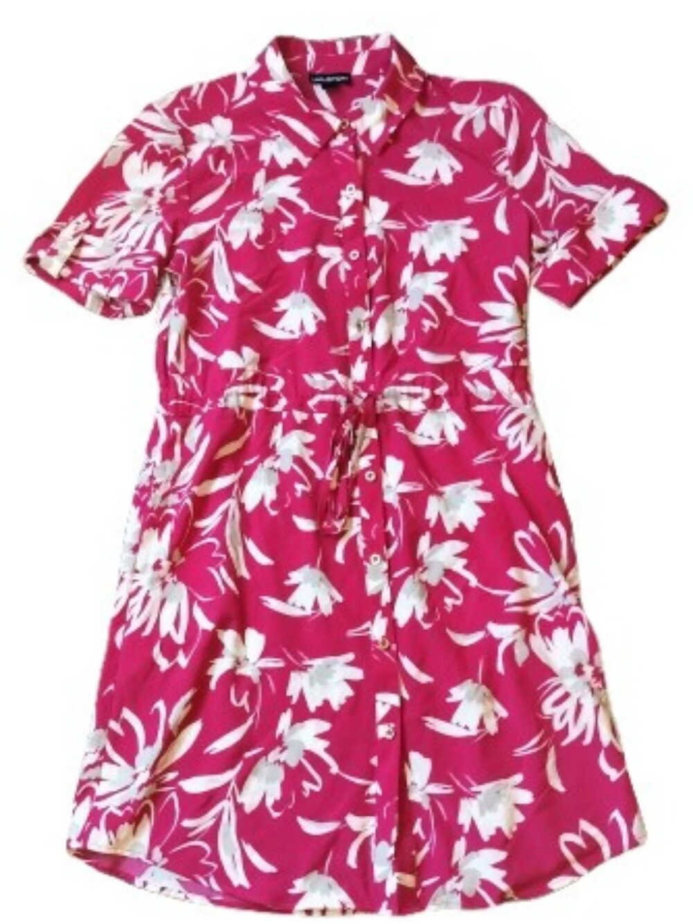 Halston Pink and White Floral Button-Front Drawstring Dress Medium